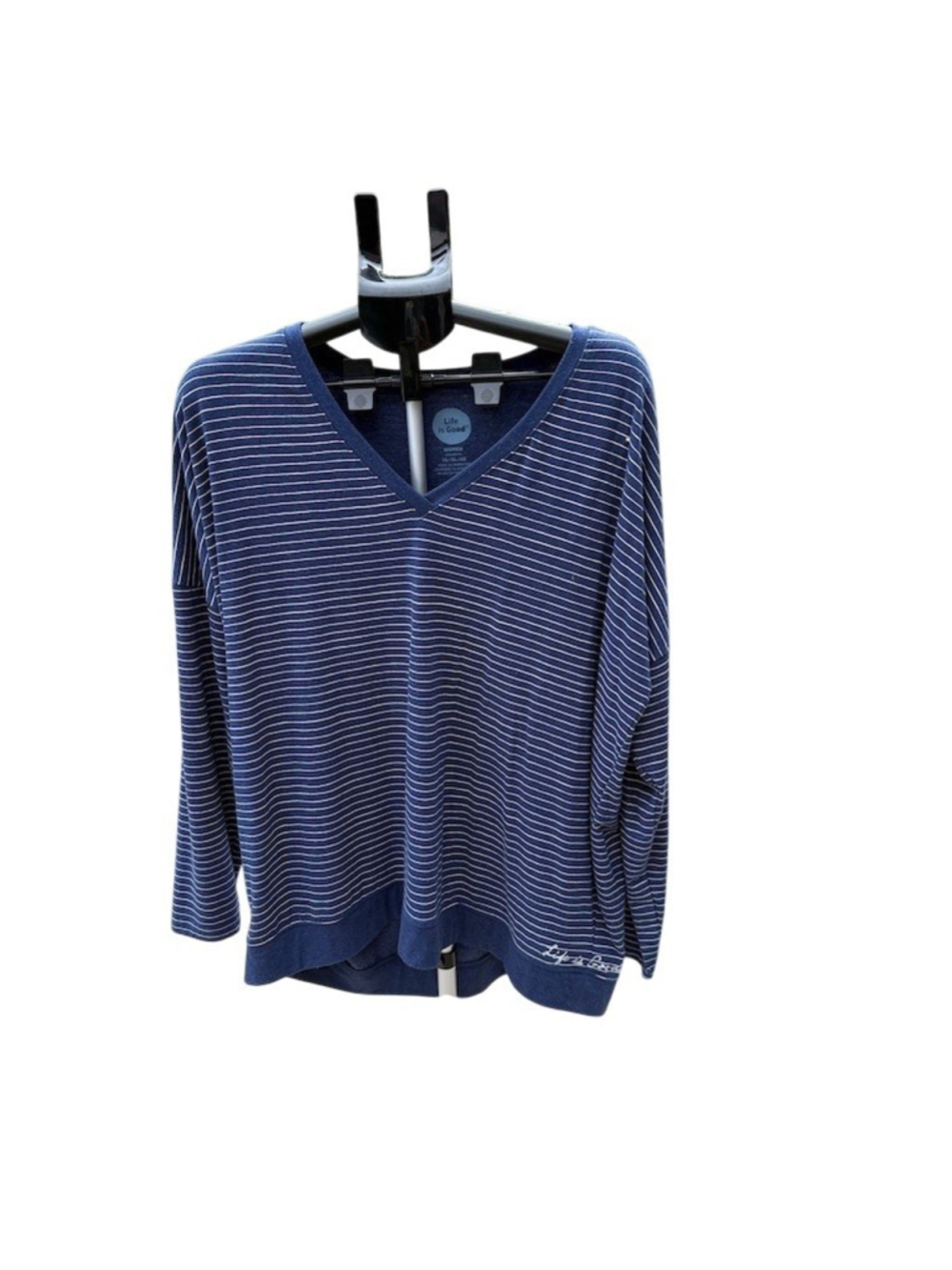 Life is Good T-Shirt Womens XL Blue White Striped V-Neck Long Sleeve
